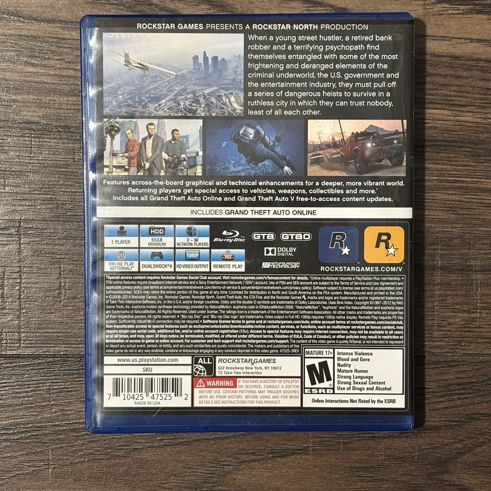 Grand Theft Auto V GTA 5 PlayStation 4 PS4 Complete Game Disc Manual USA Version